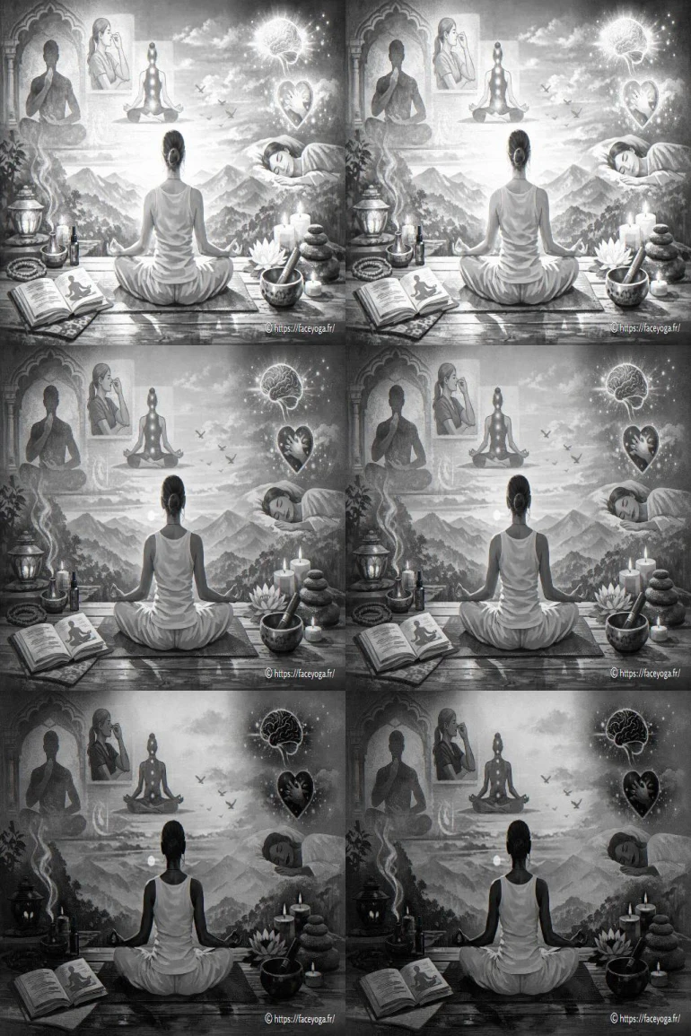 Femme méditant entourée d'objets zen