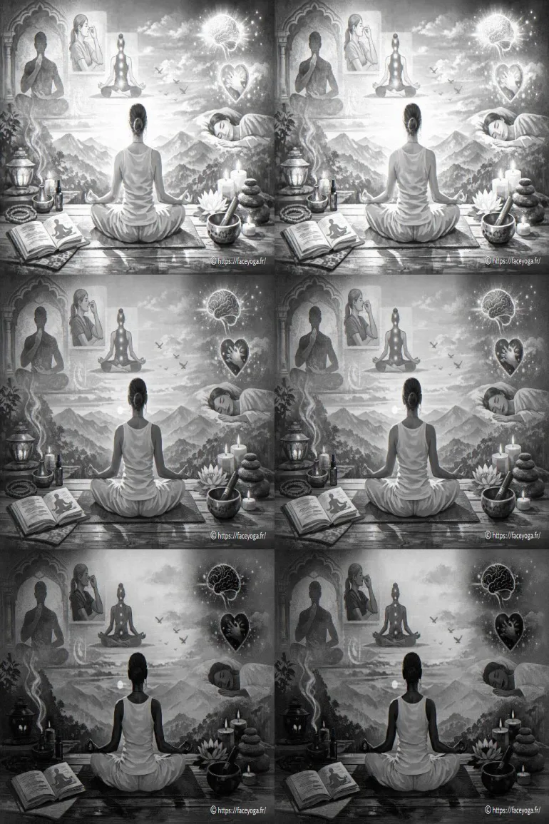 Femme méditant entourée d'objets zen